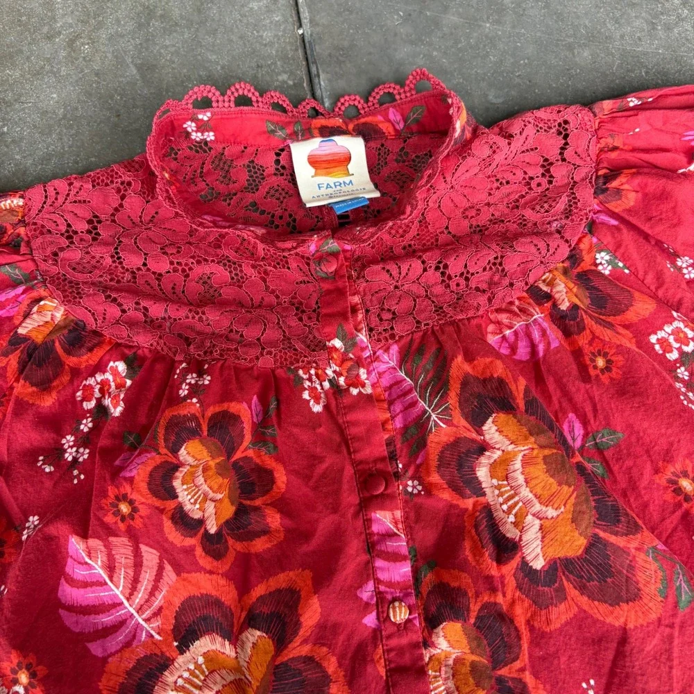 Farm Rio Giustina Button Up Lace Blouse Womens Large Red Floral Puff Sleeve Boho